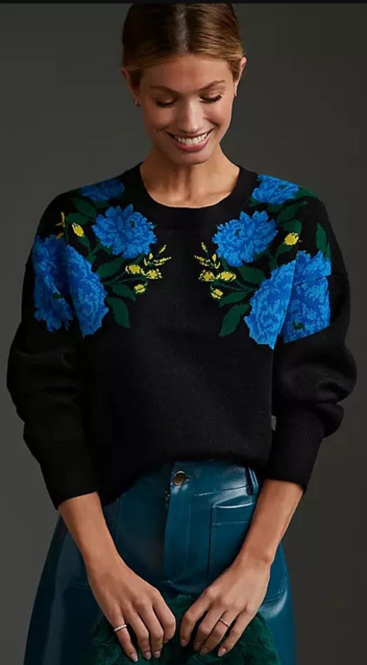 Anthropologie Maeve The Camryn Cropped Crewneck Sweater Black Blue Floral XL